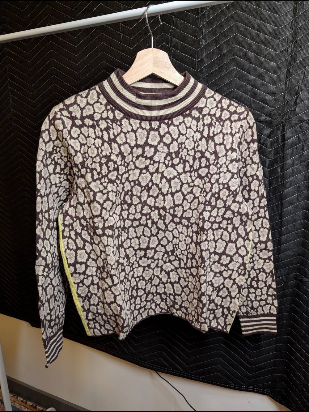 THML Brown and Cream Animal Jacquard Crewneck Sweater with Neon Side Detail